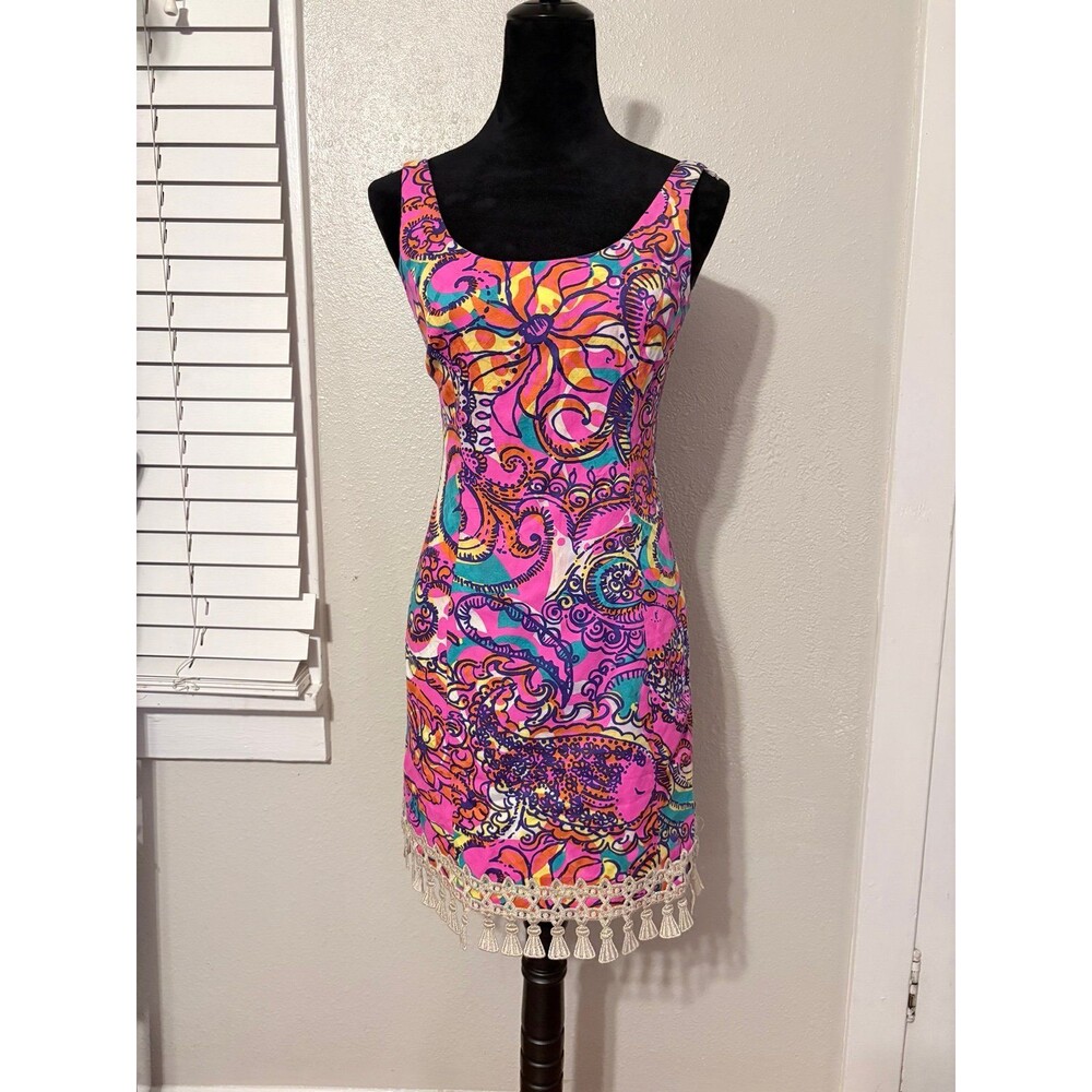 Lilly Pulitzer Eaton Sea and be seen Shift Dress with gold tassel hem size 0